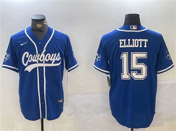 Mens Dallas Cowboys #15 Ezekiel Elliott Royal With Patch Cool Base Stitched Baseball Jersey